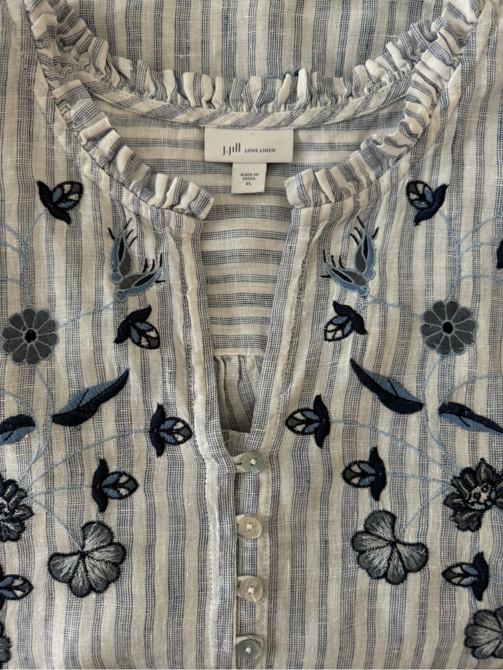 J.Jill Love Linen Blue&White Striped Embroidered Linen Blend Blouse XL - Picture 5 of 6